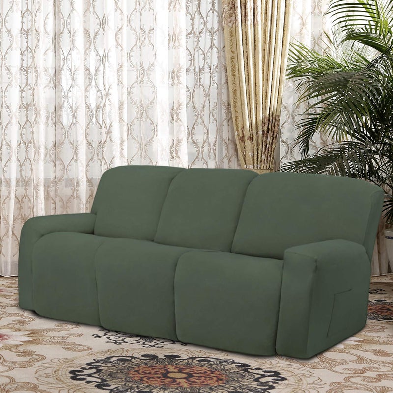 Easy-Going 8 Pieces Microfiber Stretch Sectional Recliner Sofa Slipcover Soft Fitted Fleece 3 Seats Couch Cover Washable Furniture Protector with Elasticity for Kids Pet(Recliner Sofa, Greyish Green) - Image 2